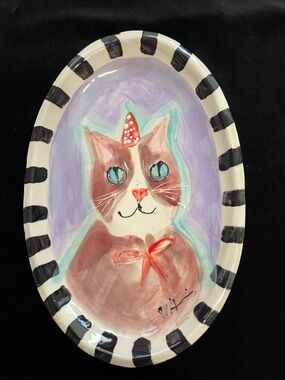 Hand Painted Ceramic Serving Tray Cat On Lavender Design 11” X 8”Original Design